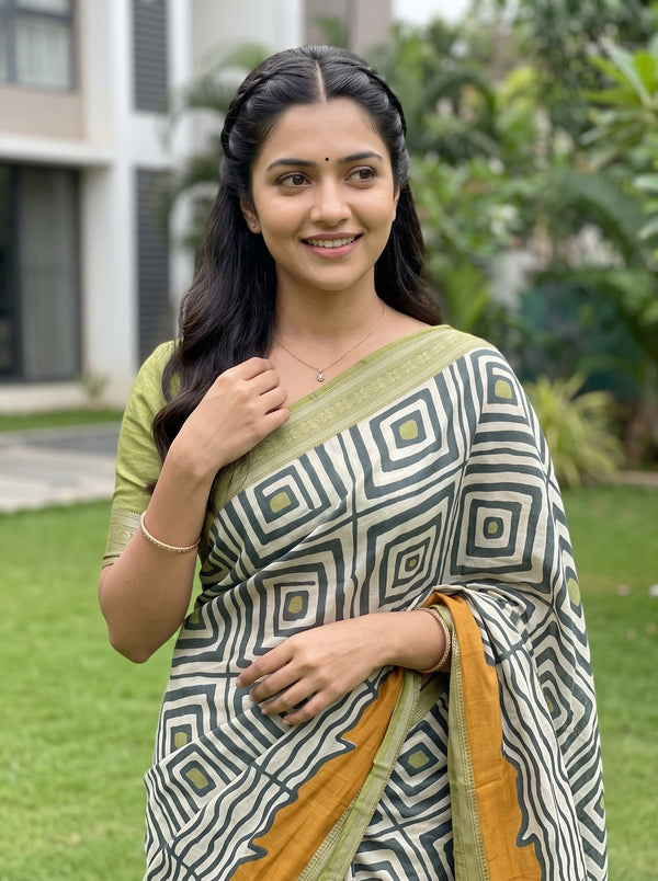 Pure Chanderi Ivory Black Abstract Wave Geometric Print Saree