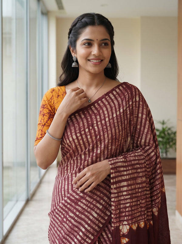 Modal Maroon Batik Crackle Print Saree