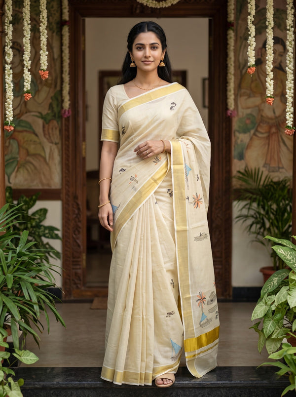 Tissue Cream Golden Coconut Palm & Boat Motif with Zari Border for Onam Special Kerala Saree