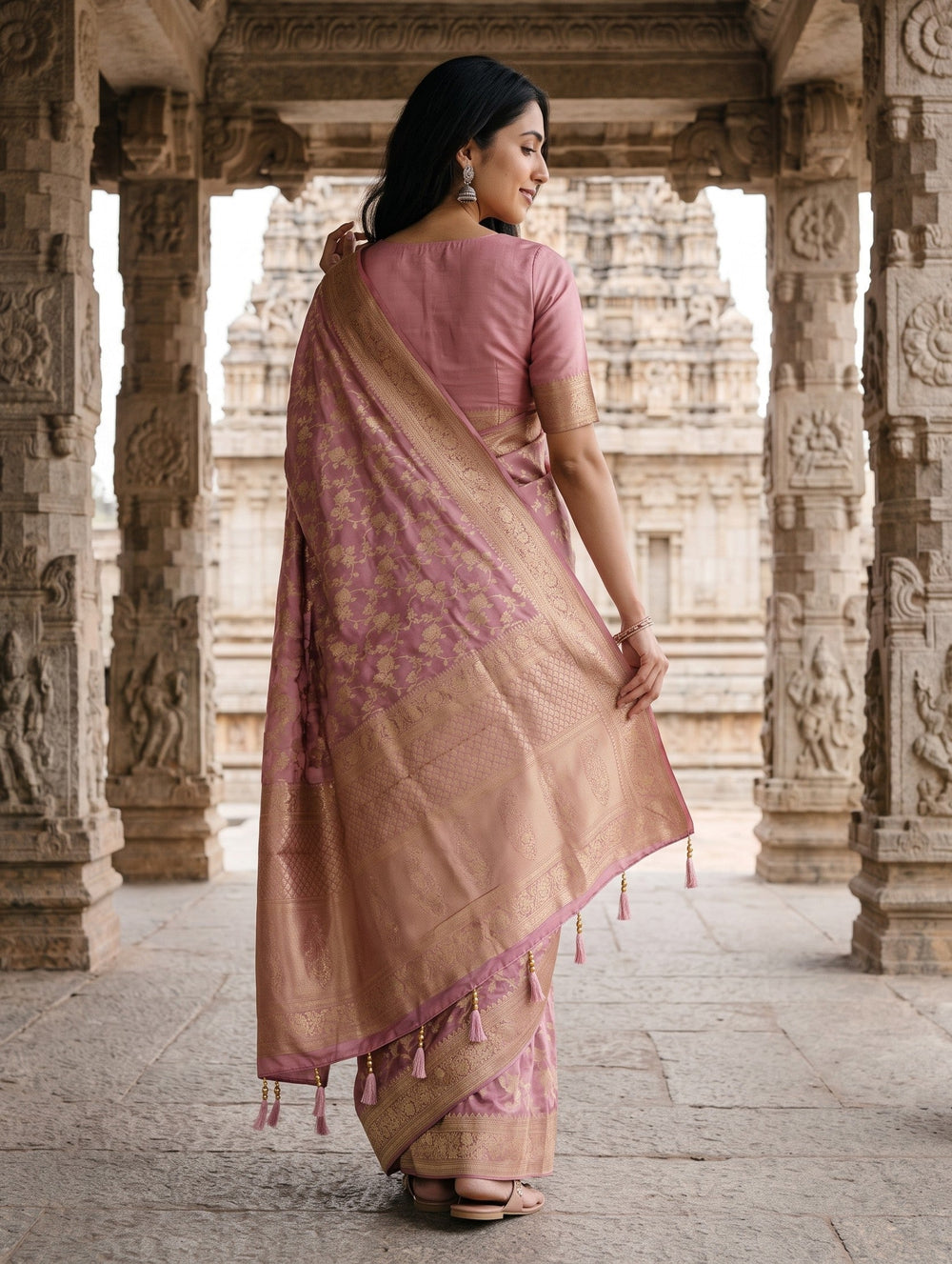 Banarasi Dusty Rose Golden Zari Floral Vine Allover Diamond Jaal Border Saree
