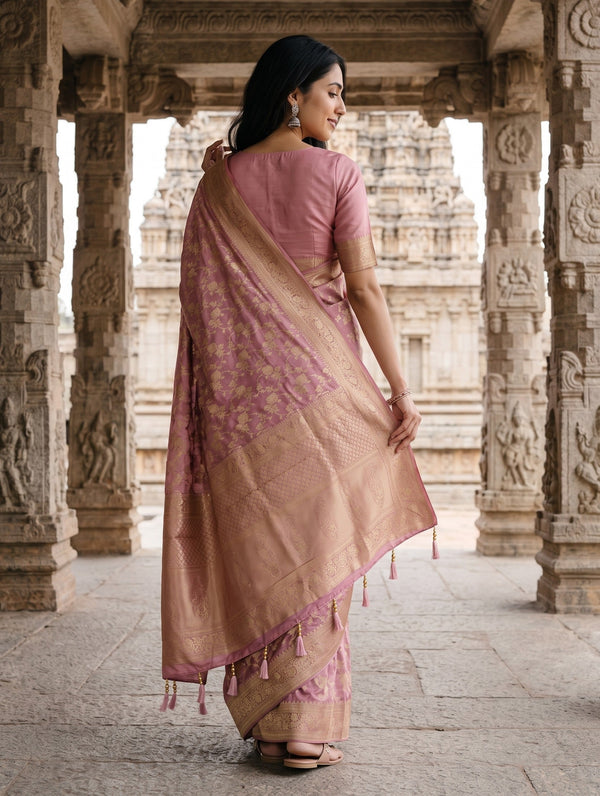 Banarasi Dusty Rose Golden Zari Floral Vine Allover Diamond Jaal Border Saree