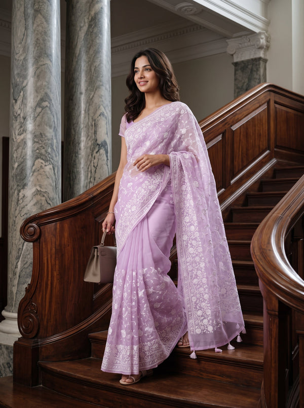 Organza Lavender White Floral Vine Embroidery Border Saree