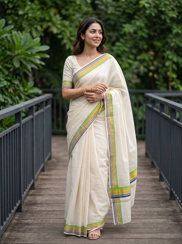 Cotton Cream Kasavu Striped Border Kerala Saree with Blue Green Golden Trim