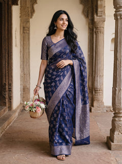 Banarasi Silk Navy Blue Floral Leaf Print Saree with Zari Border