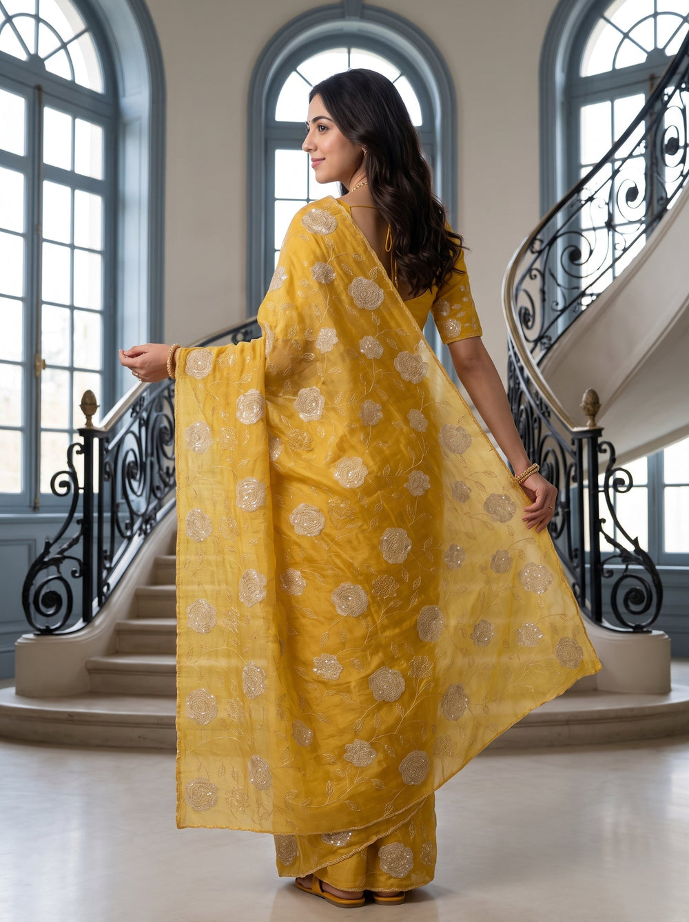 Organza Mustard Yellow Golden Rose Applique Sequin Embroidered Allover Floral Vine Saree