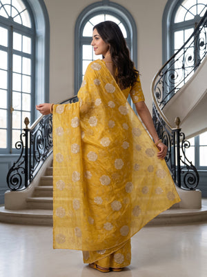 Organza Mustard Yellow Golden Rose Applique Sequin Embroidered Allover Floral Vine Saree