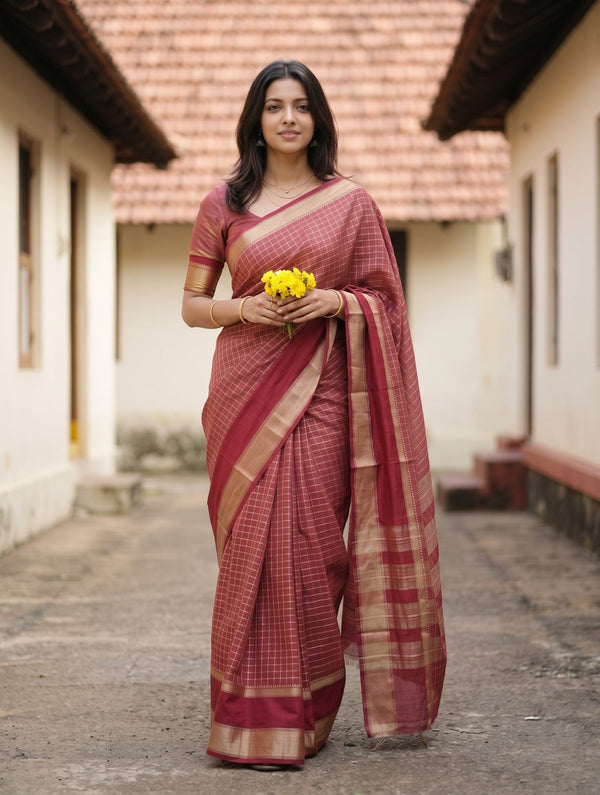 Semi Silk Red Maroon Checked Saree with Golden Zari Striped Pallu