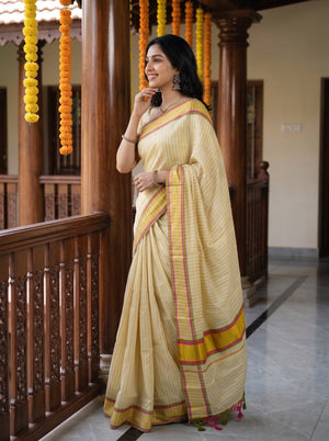 Tissue Pale Yellow Gold Pinstripe Saree with Multicolor Border Onam Special Kerala Saree