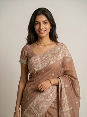 Cotton Dusty Brown Woven Border Saree
