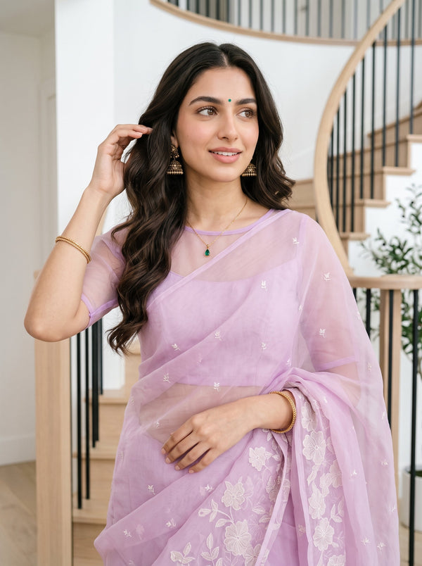 Organza Lilac Cream Floral Vine Applique Embroidered Pallu Butta Body Tassel Saree