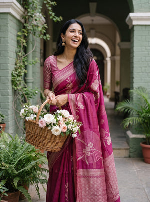 Organza Magenta Pink Zari Flower Branch Butta Broad Woven Border