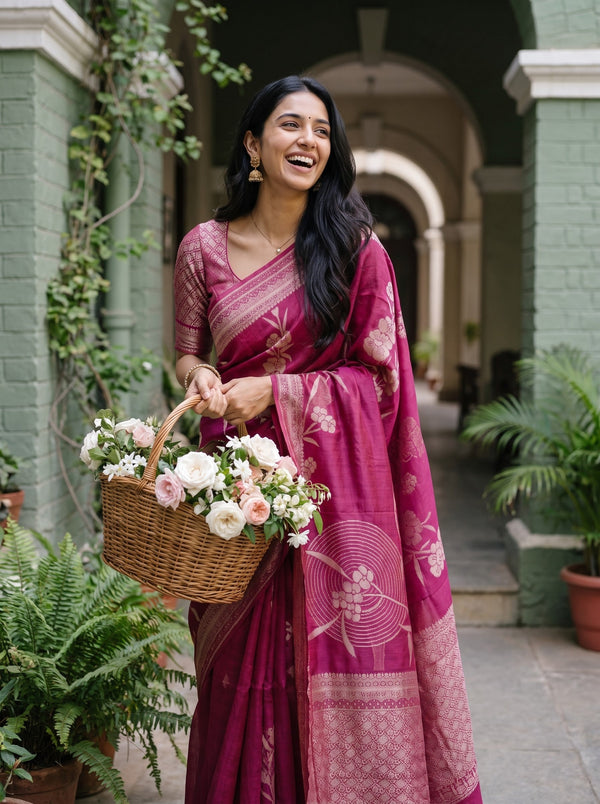 Organza Magenta Pink Zari Flower Branch Butta Broad Woven Border