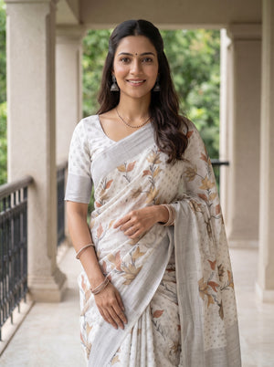 Semi Linen Off White Floral Leaf Printed Saree with Botanical Pallu