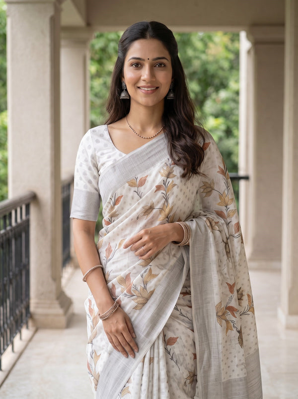 Semi Linen Off White Floral Leaf Printed Saree with Botanical Pallu