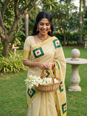 Tissue Cream Gold Checked Green Square Print Onam Special Kerala Saree