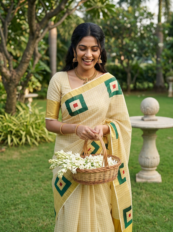 Tissue Cream Gold Checked Green Square Print Onam Special Kerala Saree