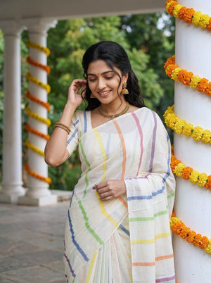 Cotton Off-White Multicolor Striped Onam Special Kerala Saree