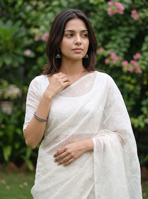 Mul Chanderi Cream Saree with Floral Vine Embroidery