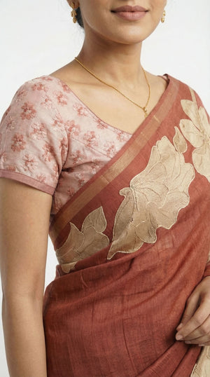 Cotton Rust Terracotta Floral Design Saree