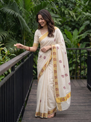 Cotton Cream Maroon Hibiscus Print Kerala Saree with Golden Zari Border