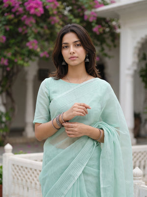 Kota Doria Mint Green Self-Tone Leaf Motif Saree