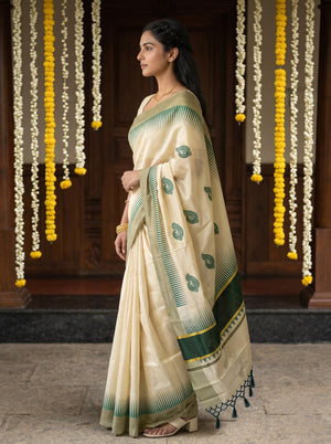 Tissue Cream Golden Green Peacock Motif with Gold Zari Border Onam Special Kerala Saree