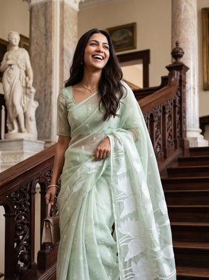 Organza Pista Green Lotus Embroidered Tassel Saree