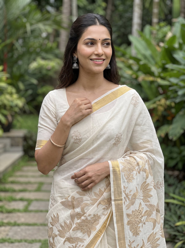 Cotton Cream Golden Bird Floral Embroidered Pallu Kasavu Border Kerala Saree