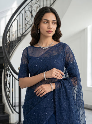 Organza Navy Blue Saree with Sequin Floral Vine Embroidery