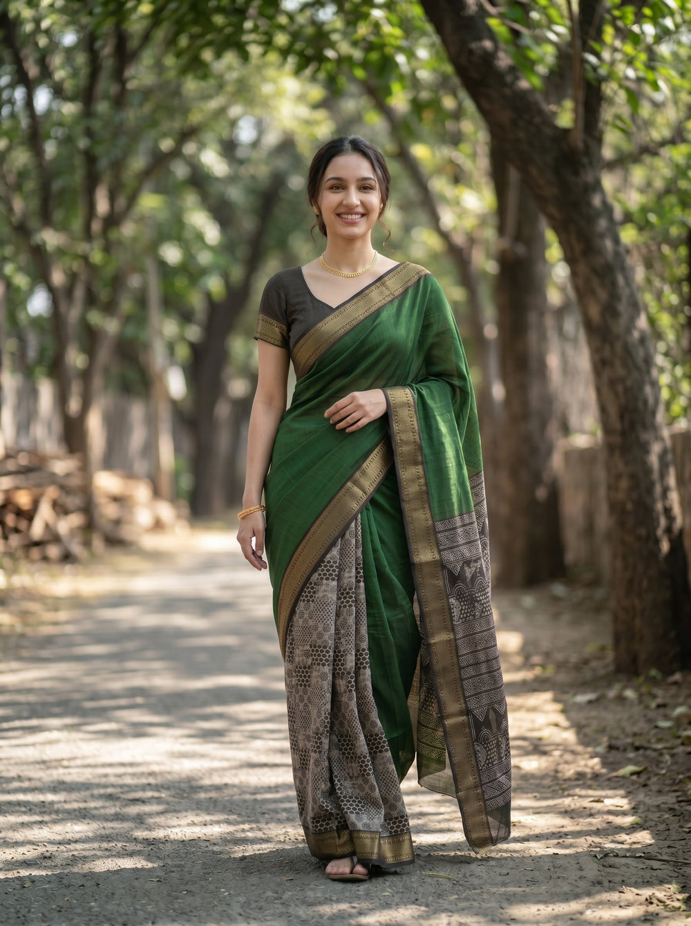 Woman in a green saree standing outdoors with trees in the background