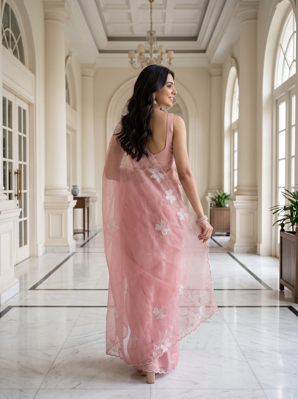 Organza Rose Pink Floral Applique Beaded Scalloped Border Saree