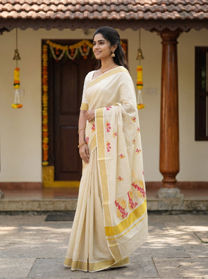 Tissue Cream Red Floral Spring Embroidery Onam Special Kerala Saree with Golden Border