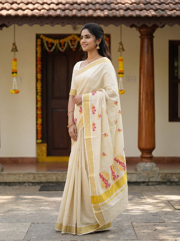 Tissue Cream Red Floral Spring Embroidery Onam Special Kerala Saree with Golden Border