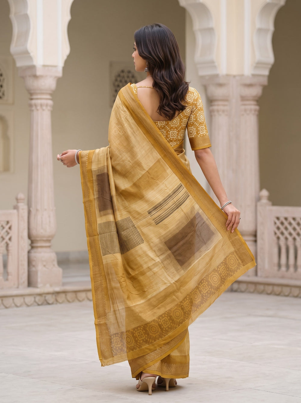 Pure Chanderi Mustard Golden Abstract Batik Print Medallion Border Saree
