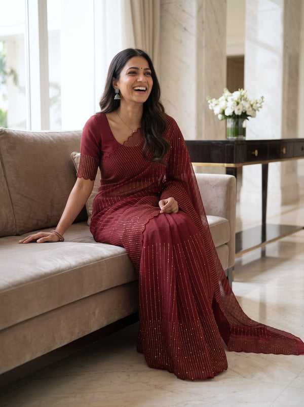 Organza Deep Red Allover Sequin Line Work Scalloped Edge Saree