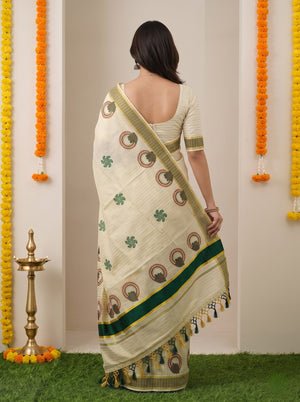 Tissue Golden Pinstripe with Floral Medallion Print and Olive Border Kerala Saree