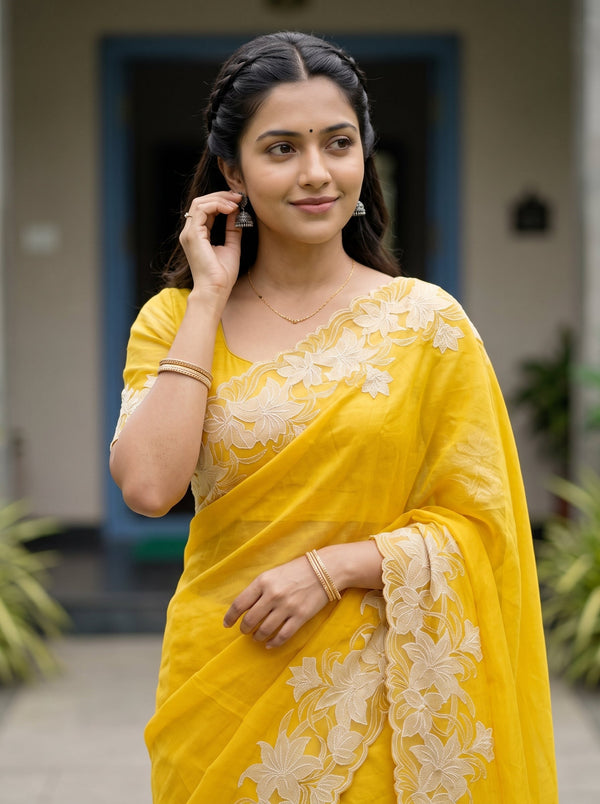 Organza Mustard Yellow Saree with Floral Applique Cutwork Border Pallu