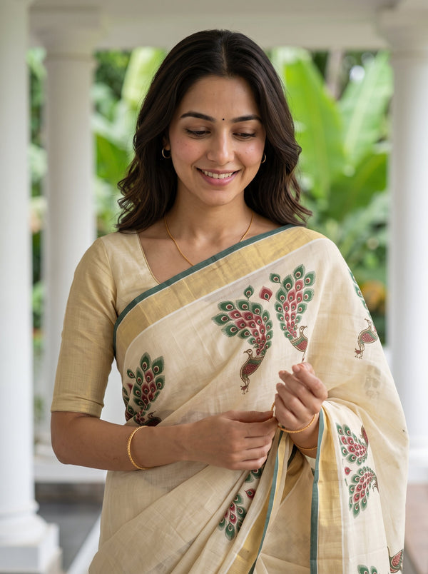 Tissue Cream Kerala Saree with Peacock Print Pallu, Golden Zari Border and Tassels