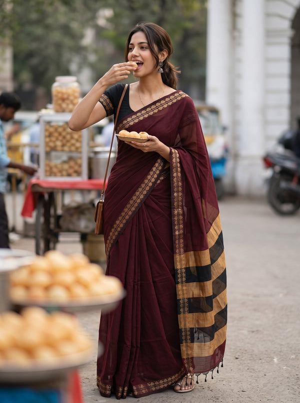 Cotton Wine Maroon Black Gold Striped Border Saree with Tassels