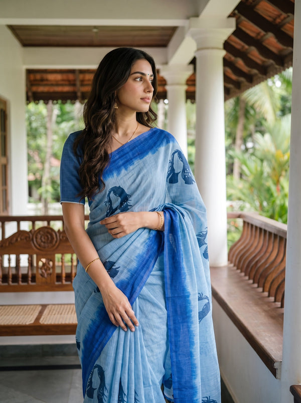 Cotton Sky Blue Navy Face Print Royal Blue Ombre Border Saree