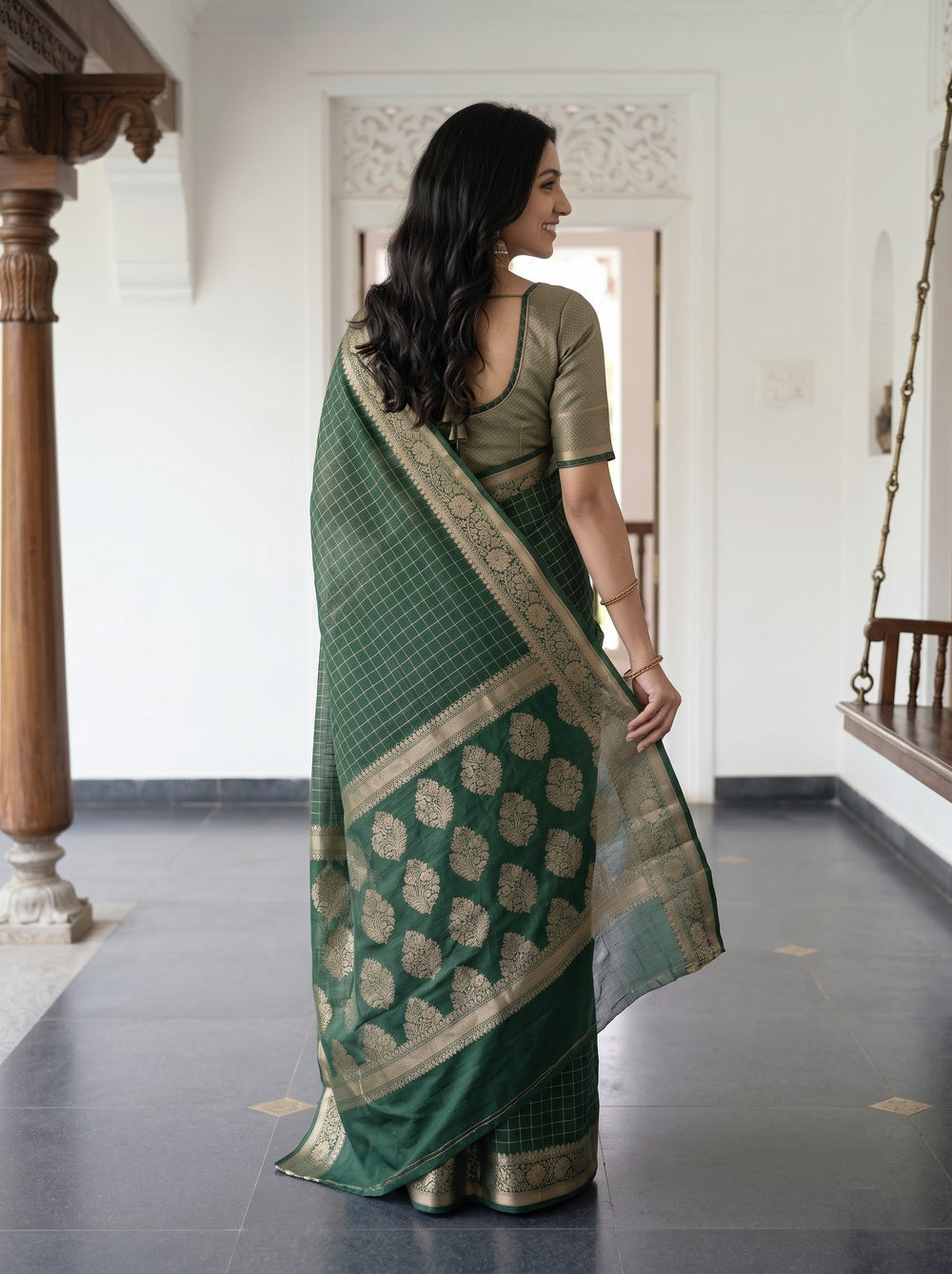Cotton Silk Bottle Green Golden Paisley Floral Butta Pallu Saree
