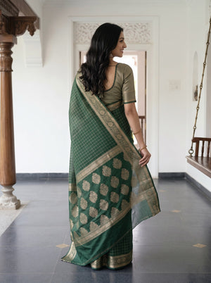 Cotton Silk Bottle Green Golden Paisley Floral Butta Pallu Saree