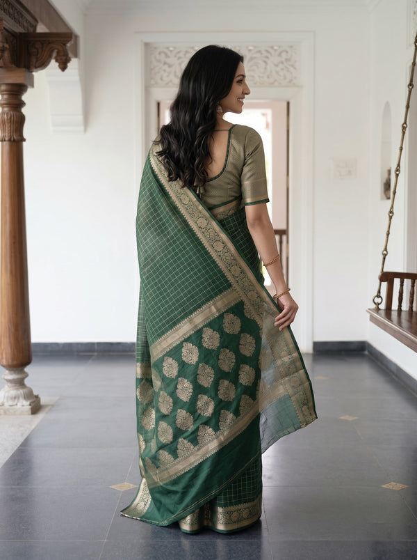 Cotton Silk Bottle Green Golden Paisley Floral Butta Pallu Saree