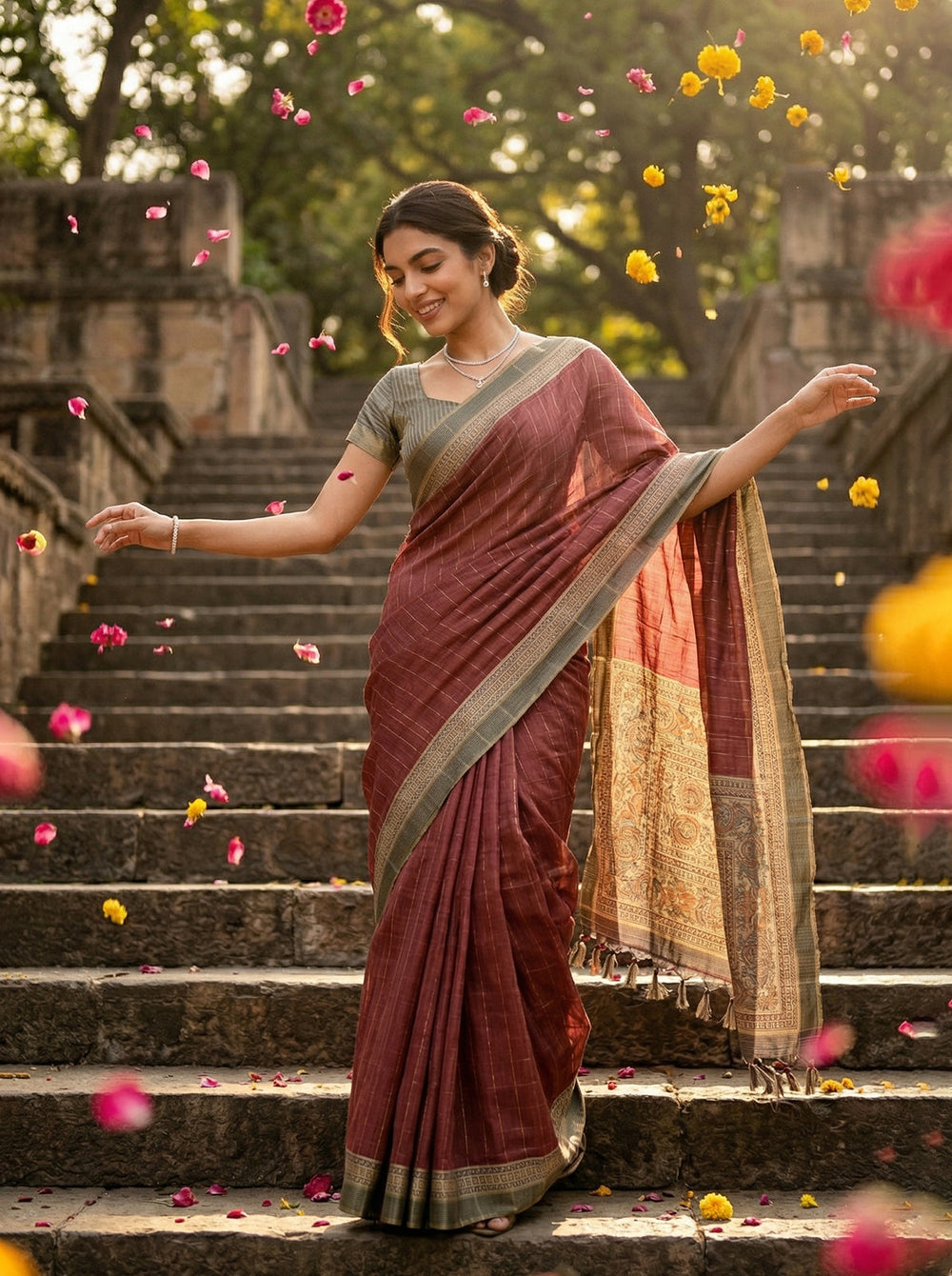 Woman in a traditional saree standing on steps with flowers falling around her