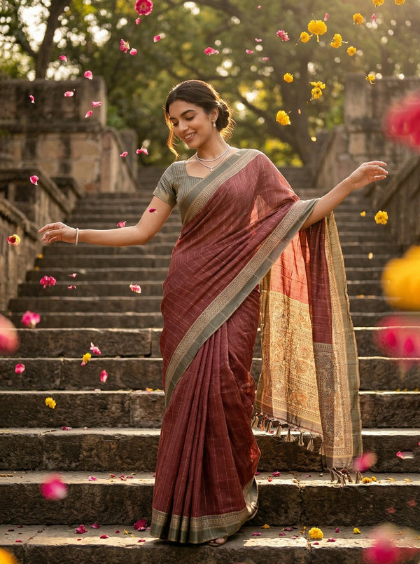 Woman in a traditional saree standing on steps with flowers falling around her