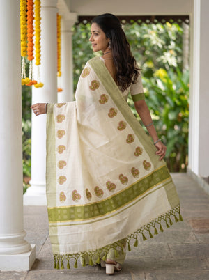 Tissue Cream Paisley Print Olive Border Kerala Saree