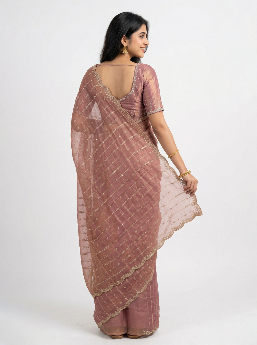 Shimmer Organza Dusty Rose Zari Threadwork Saree with Scalloped Border
