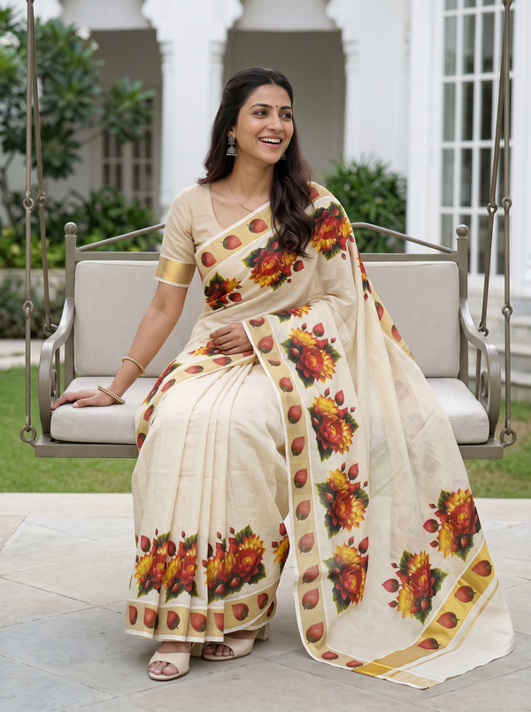 Tissue Cream Kerala Saree with Lotus Flower Print Pallu and Golden Zari Leaf Border