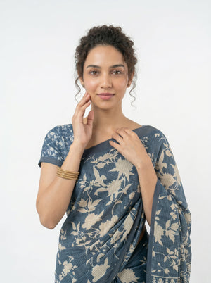 Semi Jute Steel Blue Floral Print Saree
