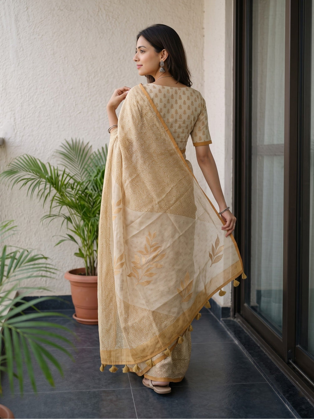 Net Kota Mustard-Tan Floral Vine Block Print Saree